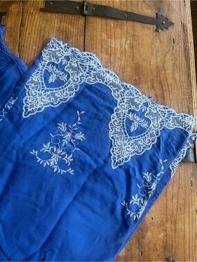 Wide Leg Palazzo Pants with White Lace Trim - Blue